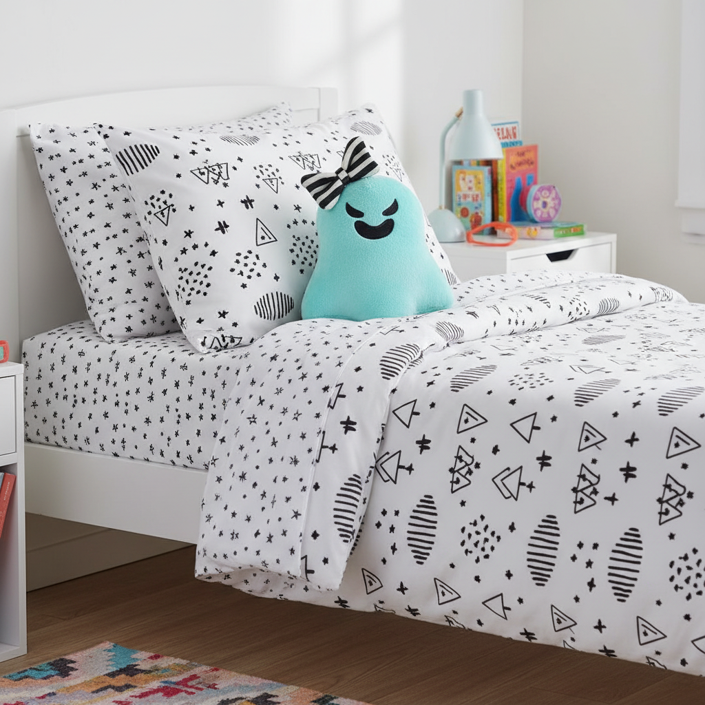 Bed with geometric patterned bedding, teal pillow, and books on a nightstand.