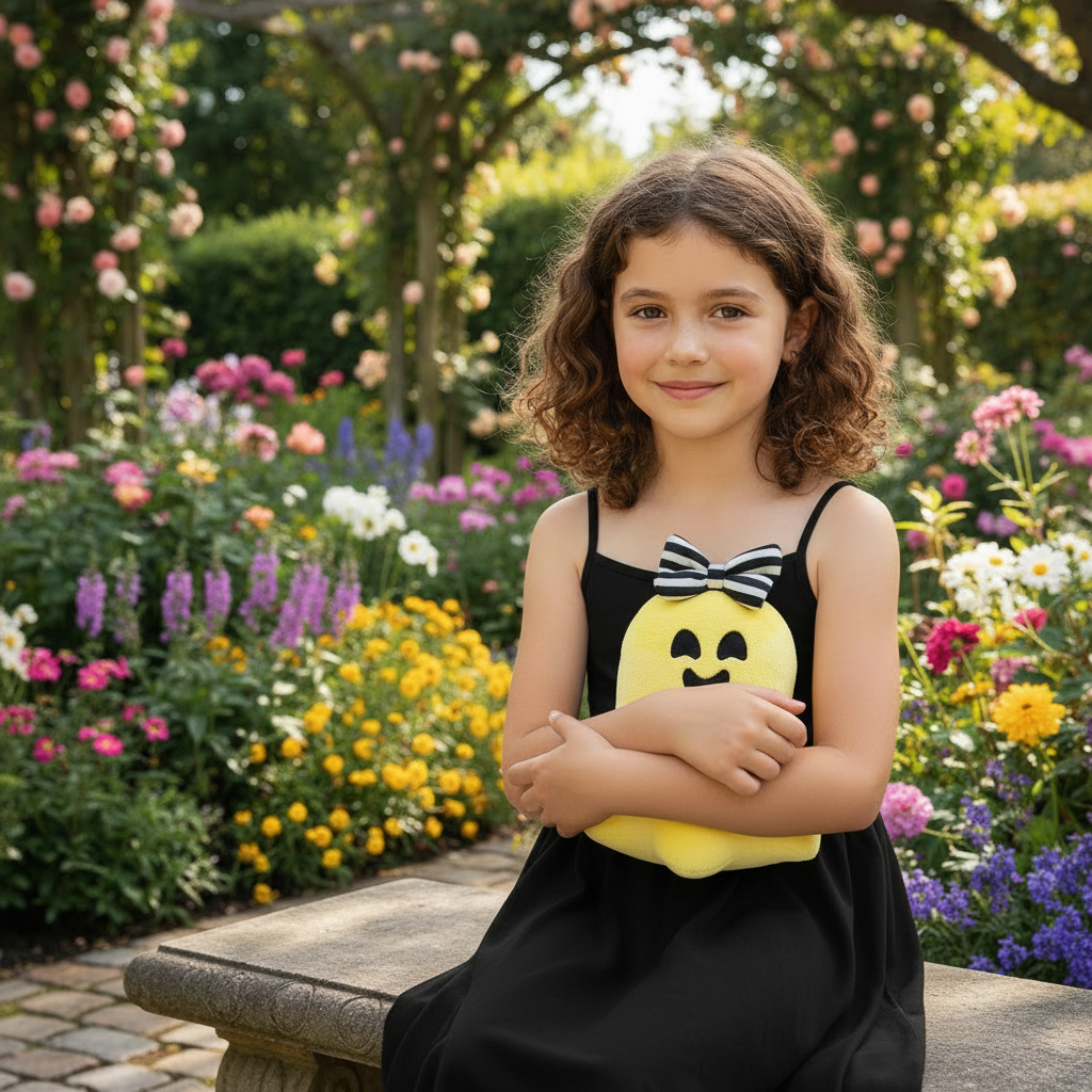 Young girl holding a yellow plush toy in a garden with flowers