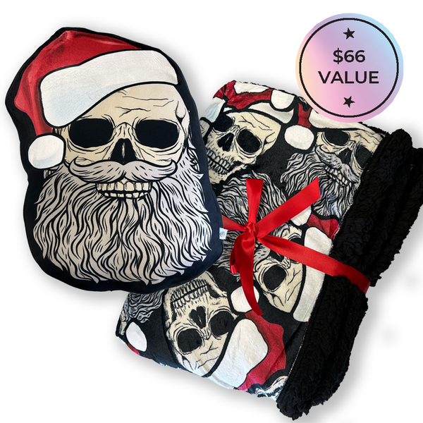 santa skeleton printed pillow & print blanket lined in black sherpa. creepmas gift set!