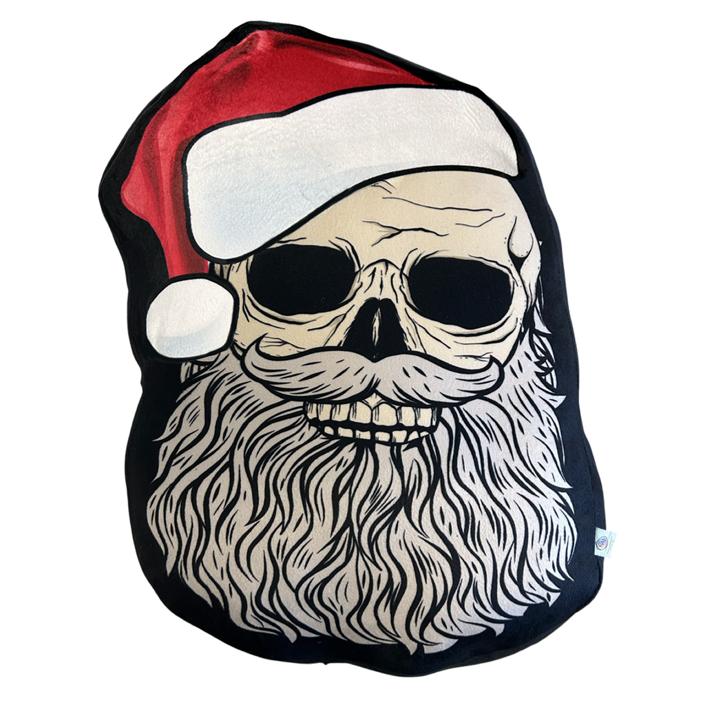 printed santa skeleton pillow, perfect for scary christmas, creepmas home decor. printed on soft minky fabrics.