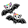 Two decorative bats with skeleton designs and colorful hair on a white background