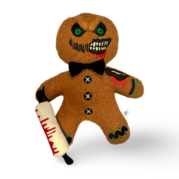 plush zombie gingerdead man with bloody plush rolling pin evil gingerdead plush creepmas home decor spooky christmas decor creepy christmas pillows