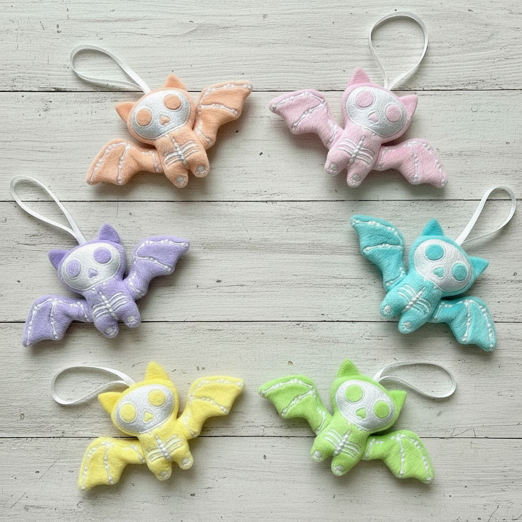 Set of colorful bat-shaped plush toys on a light wooden surface