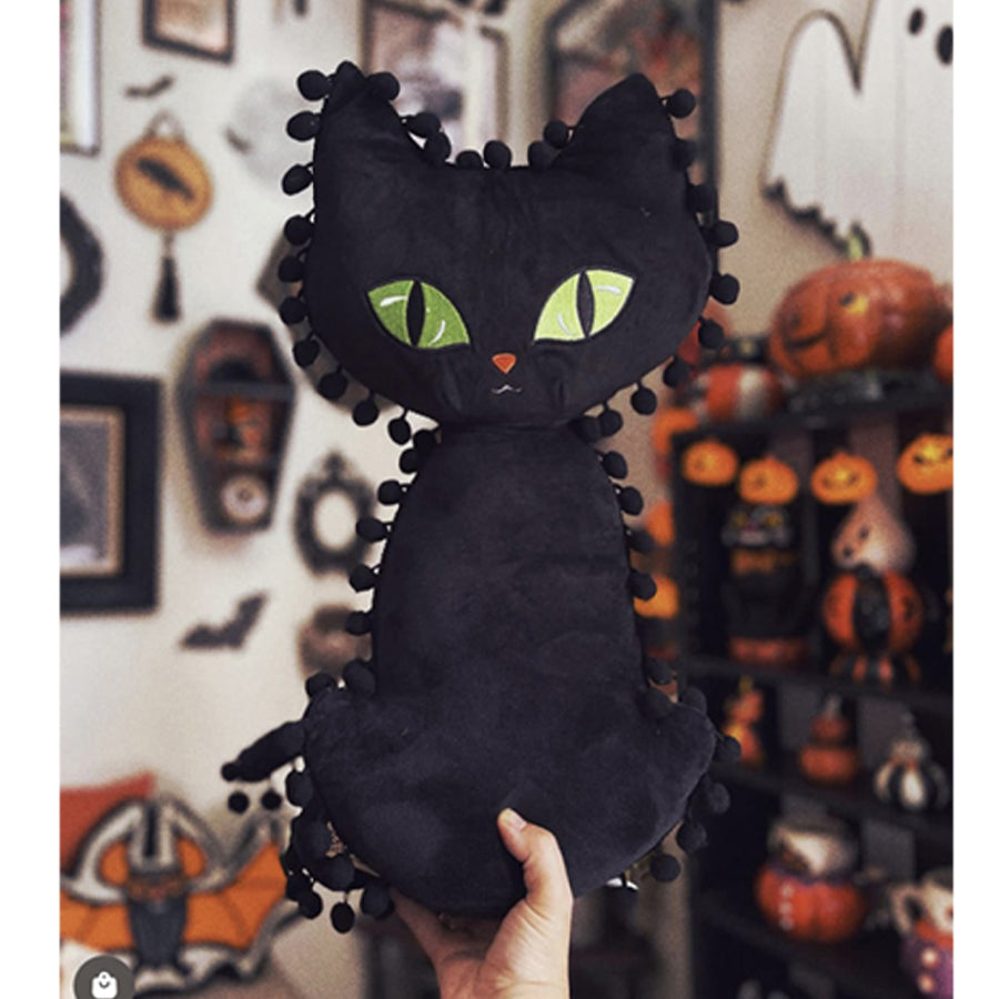 black cat pompom pillow black ball fringe b right green cat eye embroidery pompom pillow Witch home decor minky plush pillows black cat home decor witch plush