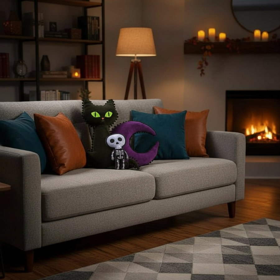 black cat pillow with skeleton plushie and a purple moon pillow. makes a perfectly witchy autumn living room