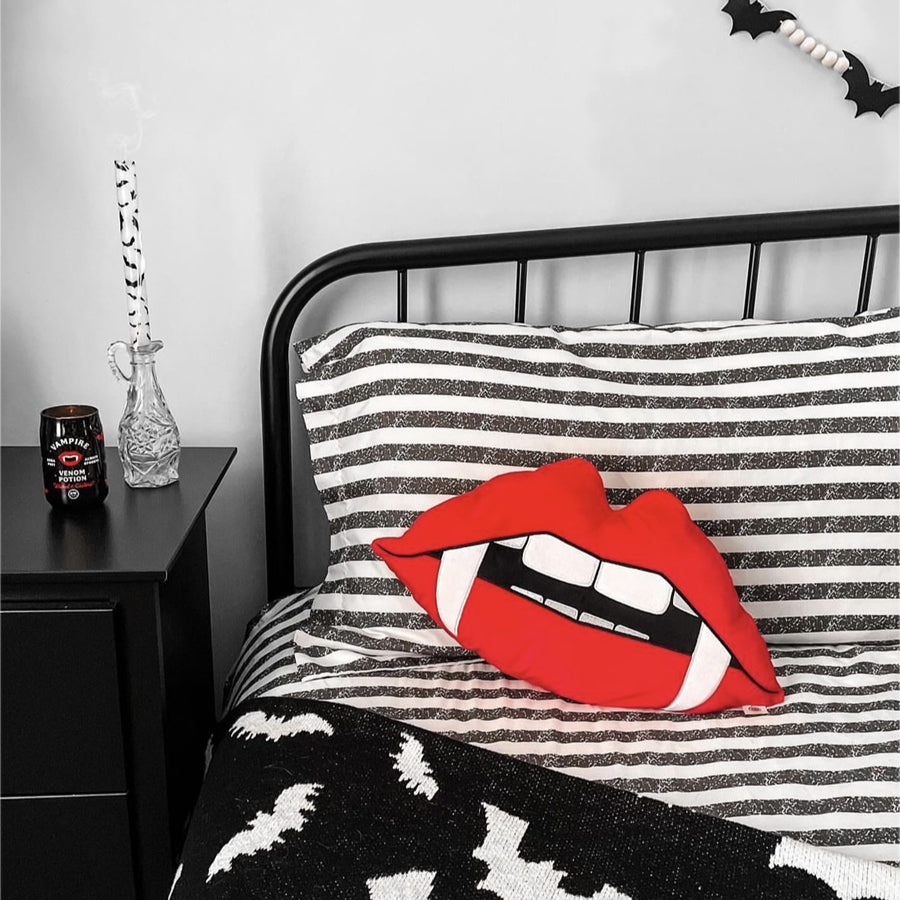 red vampire lips with fangs large halloween pillow creepy cute details halloween home decor weirdcore goth decor unique gifts for all halloween pop culture lovers rocky horror vampire cult classic inspire vampire fangs pillow