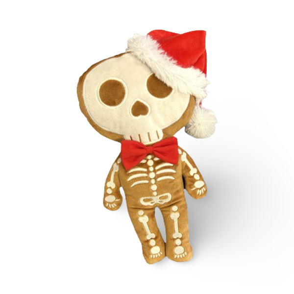 12 inch tall gingerdead skeleton plush in a red santa hat with a red bow tie made in brownminky white embroidery beautiful embroidery high quality plush halloween skeleton bat plushie halloween goth home decor childrens halloween christmas or creepmas skeleton plush toy