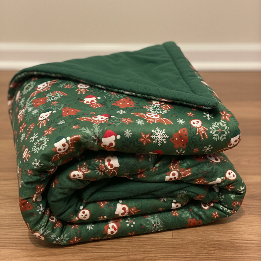 Folded green blanket with festive pattern on a wooden surface