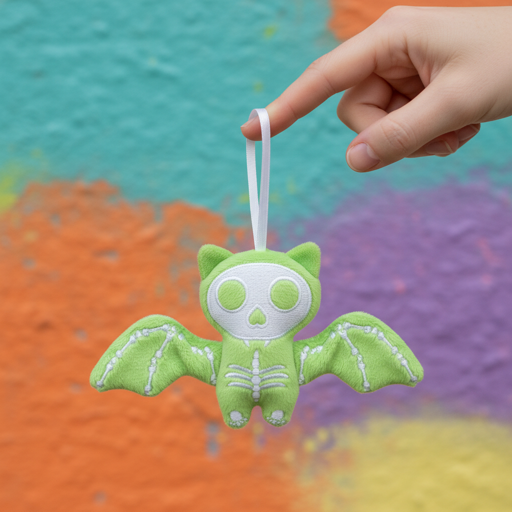 Green skeleton bat plush toy held by a hand against a colorful background