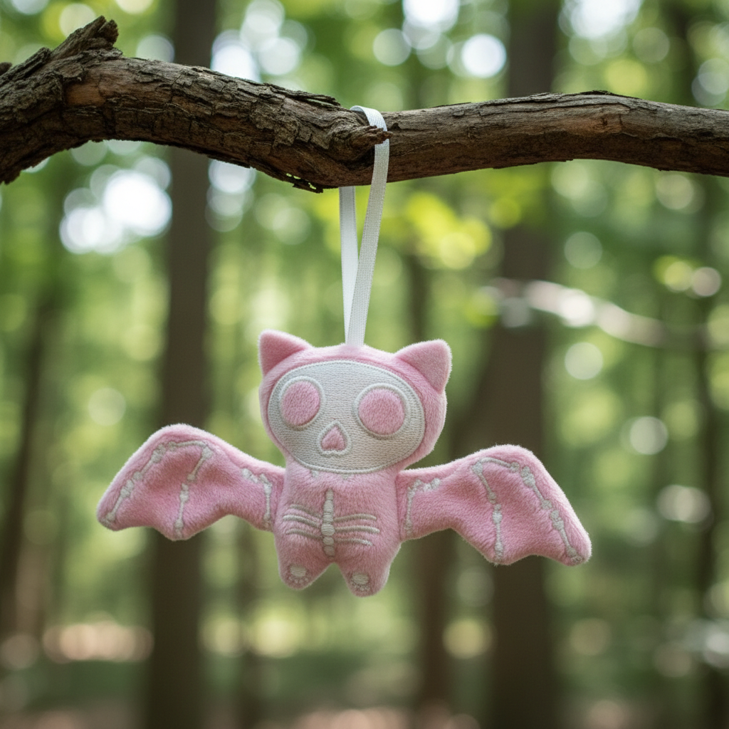 Pink bat-shaped plush toy hanging from a branch in a forest