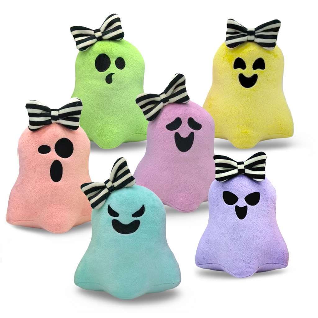 Set of colorful ghost-shaped plush toys with bow-ties on a white background