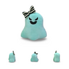 Turquoise ghost-shaped plush toy with a black and white bow on a white background
