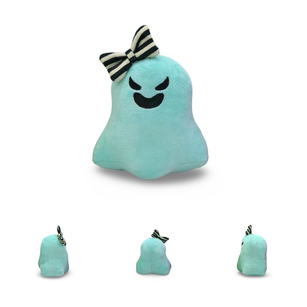 Turquoise ghost-shaped plush toy with a black and white bow on a white background