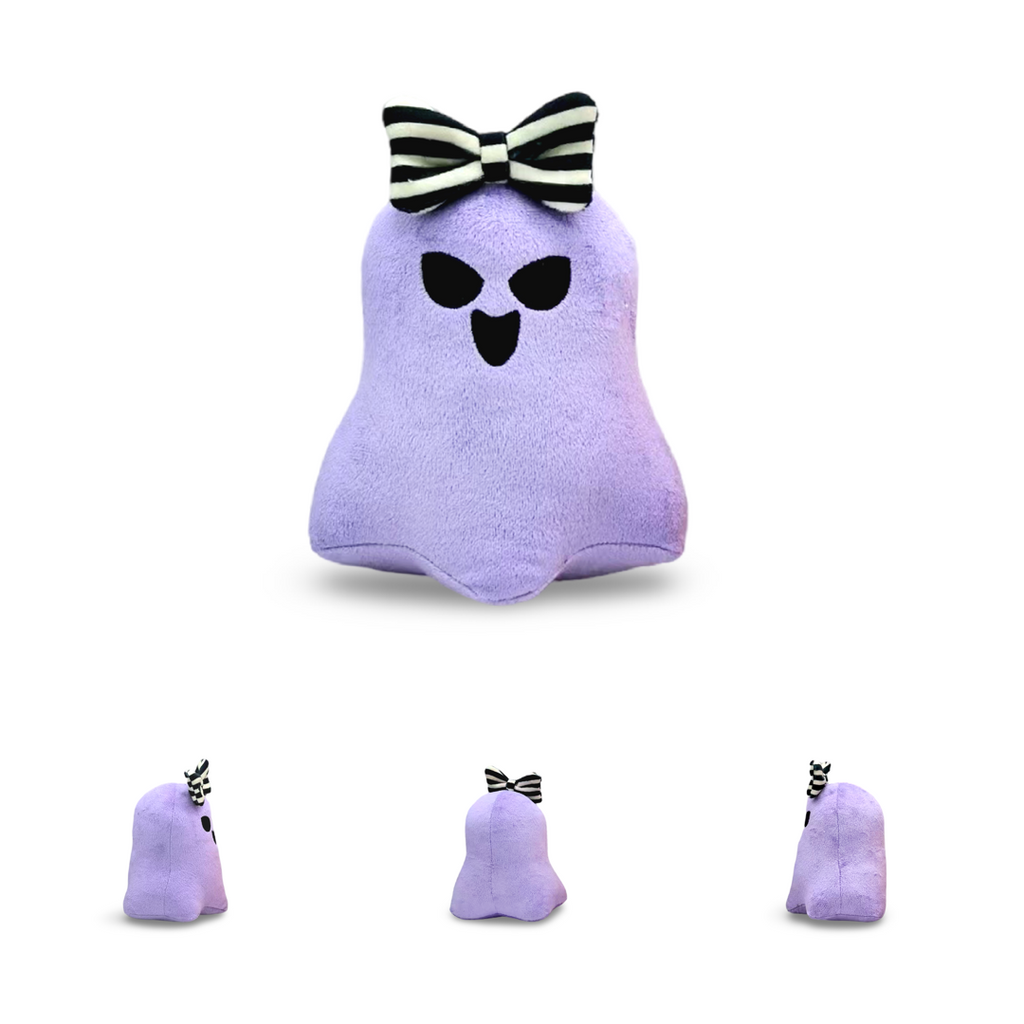 Purple ghost plush toy with a black and white bow tie on a white background