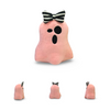 Pink ghost plush toy with a black and white bow tie on a white background