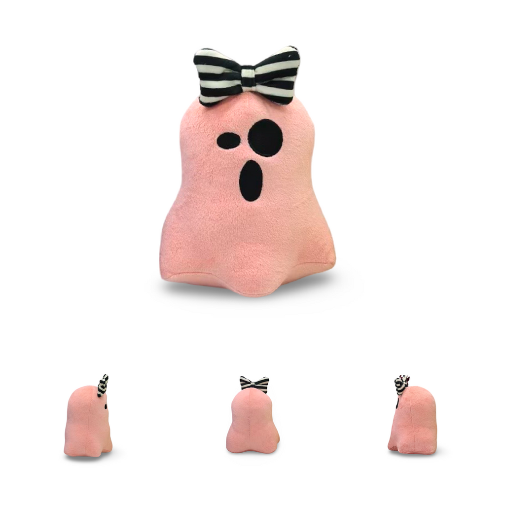 Pink ghost plush toy with a black and white bow tie on a white background