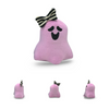 Pink ghost-shaped plush toy with a bow on a white background