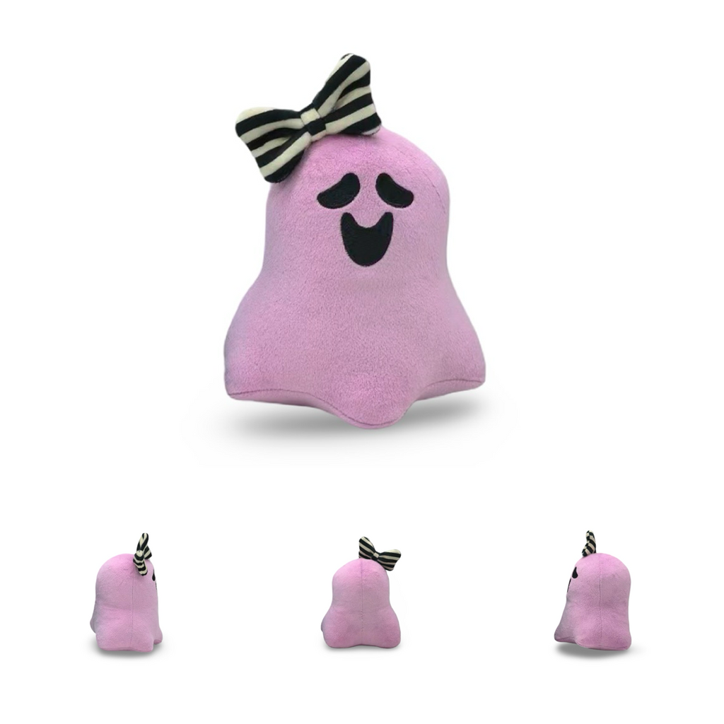 Pink ghost-shaped plush toy with a bow on a white background