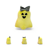 Yellow ghost plush toy with a black and white bow on a white background