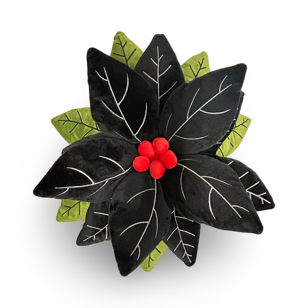 plush black poinsettia pillow with green embroidery leaves & black petals with high quality embroidery and red holly plush balls plush creepmas home decor spooky christmas decor creepy christmas pillows