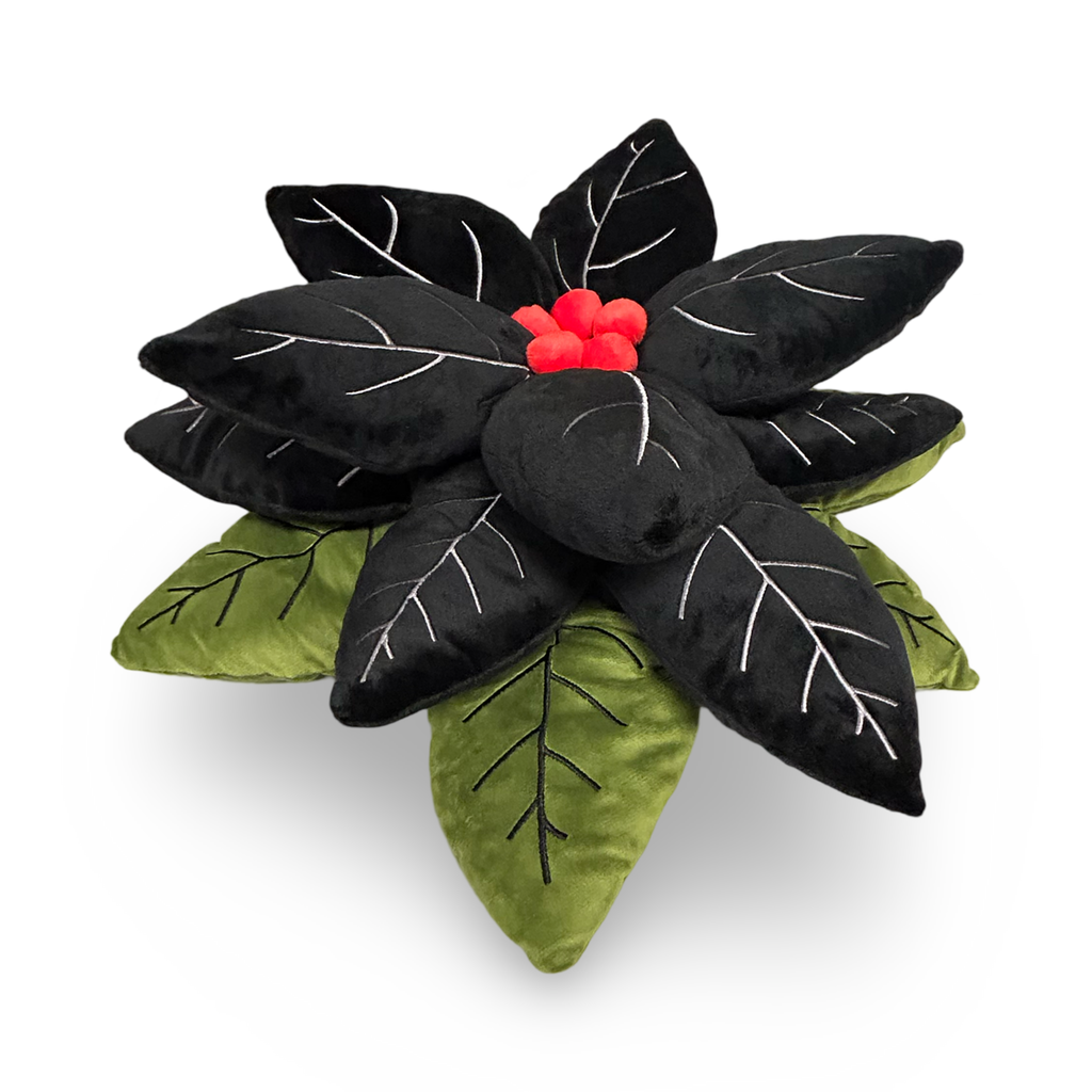 plush black poinsettia pillow with green embroidery leaves & black petals with high quality embroidery and red holly plush balls plush creepmas home decor spooky christmas decor creepy christmas pillows