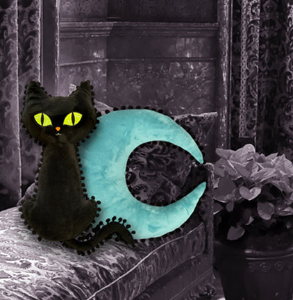 black cat pompom pillow with turquoise moon pompom pillow crescent moon pillows with black pompom fringe Celestial home decor cosmic moon colorful minky plush pillows pom pom pillows home decoration turquoise aqua blue moon black cat home decor witch plush