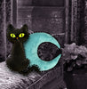 black cat pompom pillow with turquoise moon pompom pillow crescent moon pillows with black pompom fringe Celestial home decor cosmic moon colorful minky plush pillows pom pom pillows home decoration turquoise aqua blue moon black cat home decor witch plush