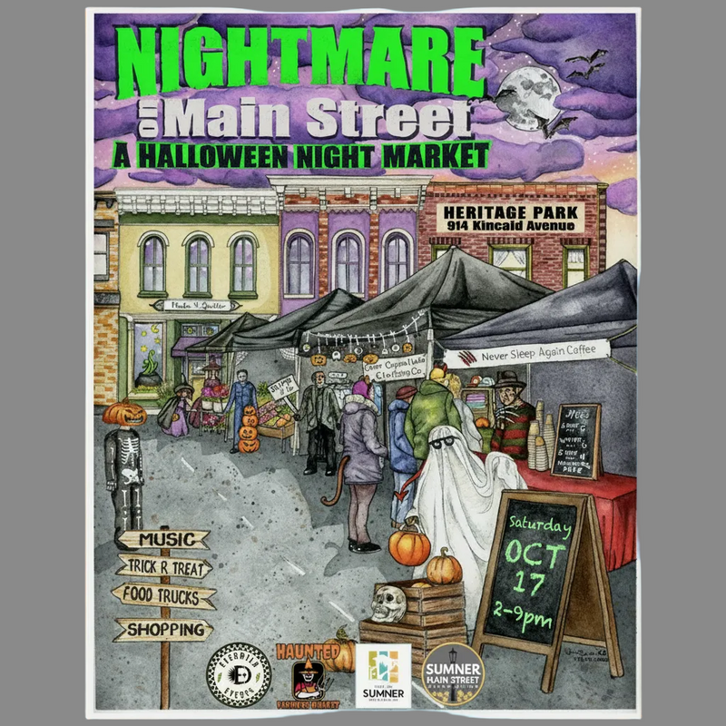 Promotional poster for 'Nightmare on Main Street: A Halloween Night Market' featuring a detailed hand-drawn illustration of a street market scene with tents, people, pumpkins, and a ghost, framed by a solid orange border.