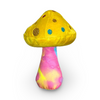 yellow mushroom with pink yellow blue graffiti splatter fabric print dopamine decor weirdcore plush glitter colorful mushroom plushies soft minky top fun colorful print stuffed stems with fun glitter dot patterns on caps unique gift dorm decor dopamine home decor happy hippy gifts